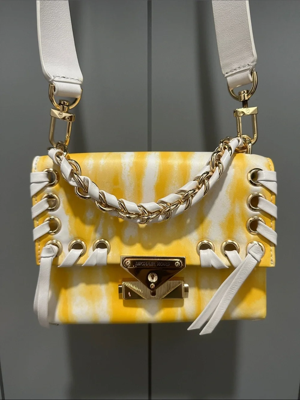 Michael Kors White and Yellow Tie-Dye Crossbody Bag with Chain